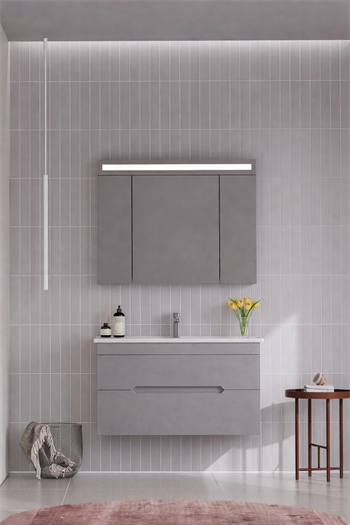 Orka Varna Banyo Dolabı Takımı, 100 cm, Mat Lake Gri (Ledli-Dolaplı Ayna), 5003029