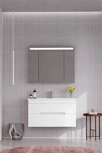 Orka Varna Banyo Dolabı Takımı, 100 cm, Mat Lake Beyaz (Ledli-Dolaplı Ayna), 5000840