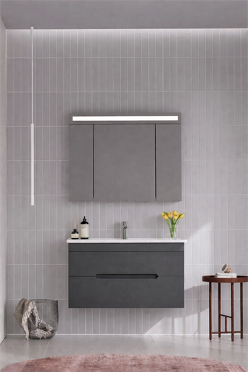 Orka Varna Banyo Dolabı Takımı, 100 cm, Mat Lake Antrasit (Ledli-Dolaplı Ayna), 5000845