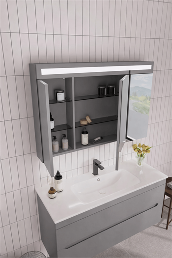 Orka Varna Banyo Dolabı Takımı, 100 cm, Mat Lake Gri (Ledli-Dolaplı Ayna), 5003029