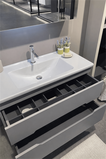 Orka Varna Banyo Dolabı Takımı, 100 cm, Mat Lake Gri (Ledli-Dolaplı Ayna), 5003029
