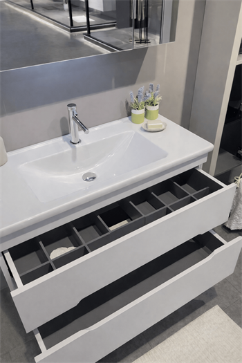 Orka Varna Banyo Dolabı Takımı, 100 cm, Mat Lake Beyaz (Ledli-Dolaplı Ayna), 5000840