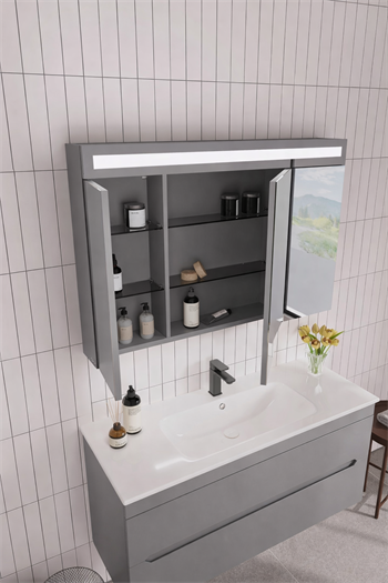 Orka Varna Banyo Dolabı Takımı, 120 cm, Mat Lake Gri (Ledli-Dolaplı Ayna), 5000850