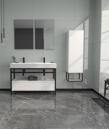 Orka Vegas 120 cm, Beyaz-Parlak Beyaz Çift Gözlü Lavabo, Banyo Dolabı Takımı