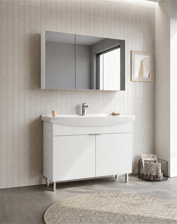 Orka Purus 100 cm ,Parlak Beyaz, Banyo Dolabı Takımı (Ayaklı,Dolaplı Ayna), 5008488