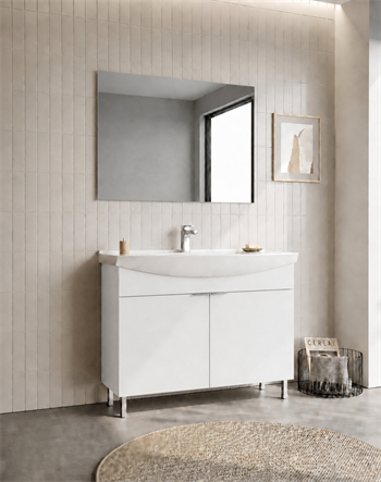 Orka Purus 100 cm ,Parlak Beyaz, Banyo Dolabı Takımı (Ayaklı,Düz Ayna), 5008476