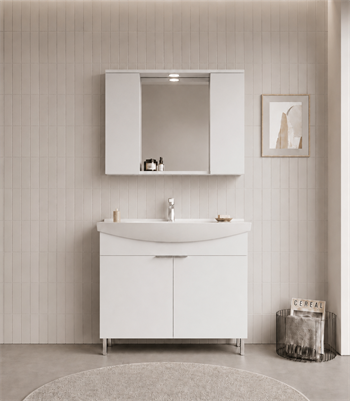 Orka Purus 100 cm ,Parlak Beyaz, Banyo Dolabı Takımı (Ayaklı,Spotlu Ayna), 5007965