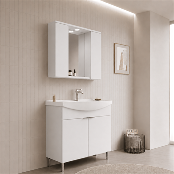 Orka Purus 100 cm ,Parlak Beyaz, Banyo Dolabı Takımı (Ayaklı,Spotlu Ayna), 5007965
