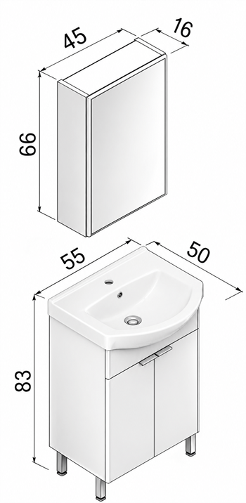Orka Purus 55 cm ,Mat Antrasit, Banyo Dolabı Takımı (Ayaklı,Dolaplı Ayna), 5008478