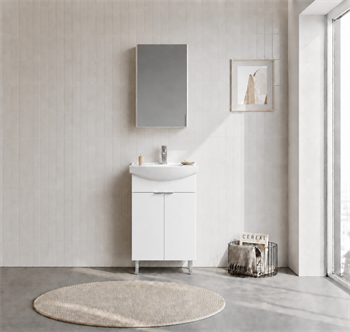 Orka Purus 55 cm ,Parlak Beyaz, Banyo Dolabı Takımı (Ayaklı,Dolaplı Ayna), 5008479