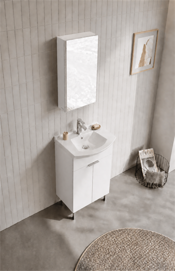 Orka Purus 55 cm ,Parlak Beyaz, Banyo Dolabı Takımı (Ayaklı,Dolaplı Ayna), 5008479