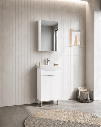 Orka Purus 55 cm ,Parlak Beyaz, Banyo Dolabı Takımı (Ayaklı,Dolaplı Ayna), 5008479