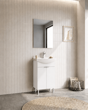Orka Purus 55 cm ,Parlak Beyaz, Banyo Dolabı Takımı (Ayaklı,Düz Ayna), 5008467