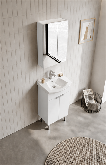 Orka Purus 55 cm ,Parlak Beyaz, Banyo Dolabı Takımı (Ayaklı,Düz Ayna), 5008467