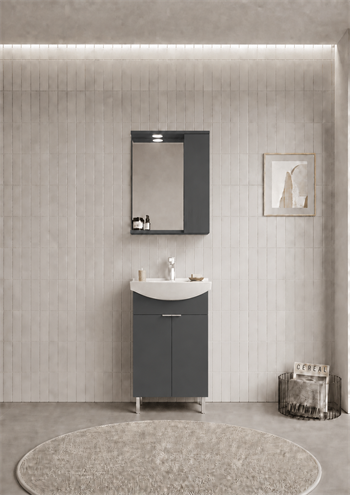 Orka Purus 55 cm ,Mat Antrasit, Banyo Dolabı Takımı (Ayaklı,Spotlu Ayna), 5008436