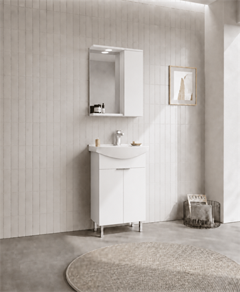 Orka Purus 55 cm ,Parlak Beyaz, Banyo Dolabı Takımı (Ayaklı,Spotlu Ayna), 5008437