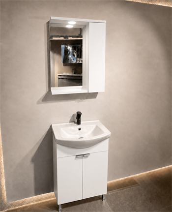 Orka Purus 55 cm ,Parlak Beyaz, Banyo Dolabı Takımı (Ayaklı,Spotlu Ayna), 5008437