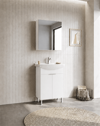 Orka Purus 65 cm ,Parlak Beyaz, Banyo Dolabı Takımı (Ayaklı,Dolaplı Ayna), 5008482