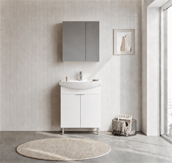 Orka Purus 65 cm ,Parlak Beyaz, Banyo Dolabı Takımı (Ayaklı,Dolaplı Ayna), 5008482