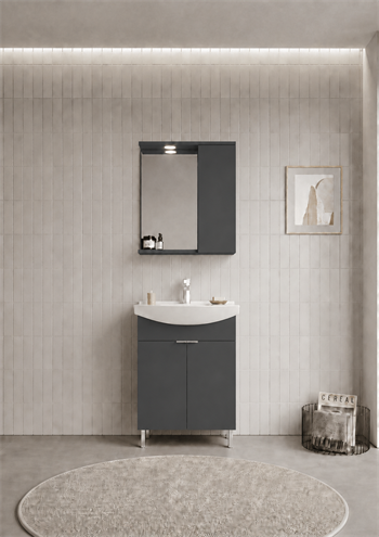 Orka Purus 65 cm ,Mat Antrasit, Banyo Dolabı Takımı (Ayaklı,Spotlu Ayna), 5008439