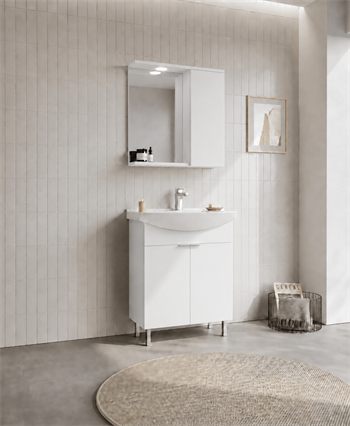 Orka Purus 65 cm ,Parlak Beyaz, Banyo Dolabı Takımı (Ayaklı,Spotlu Ayna), 5007963