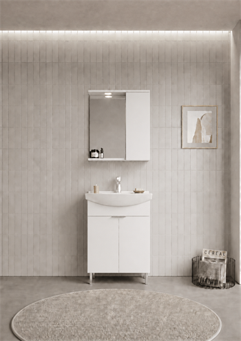 Orka Purus 65 cm ,Parlak Beyaz, Banyo Dolabı Takımı (Ayaklı,Spotlu Ayna), 5007963