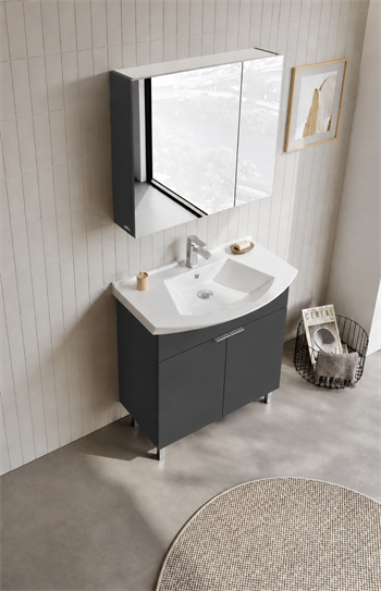 Orka Purus 80 cm ,Mat Antrasit, Banyo Dolabı Takımı (Ayaklı,Dolaplı Ayna), 5008484