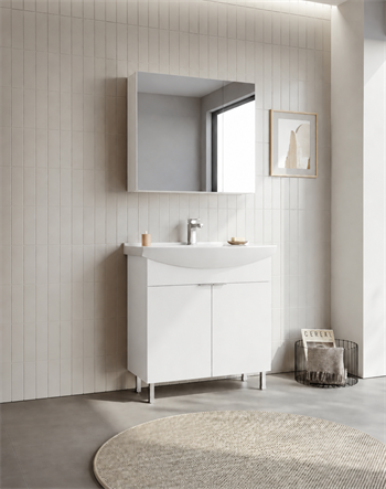 Orka Purus 80 cm ,Parlak Beyaz, Banyo Dolabı Takımı (Ayaklı,Dolaplı Ayna), 5008485