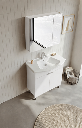 Orka Purus 80 cm ,Parlak Beyaz, Banyo Dolabı Takımı (Ayaklı,Dolaplı Ayna), 5008485