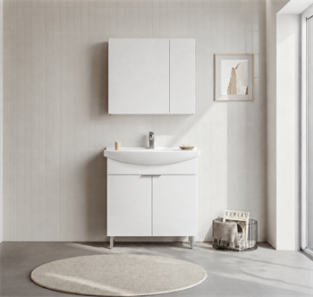 Orka Purus 80 cm ,Parlak Beyaz, Banyo Dolabı Takımı (Ayaklı,Dolaplı Ayna), 5008485
