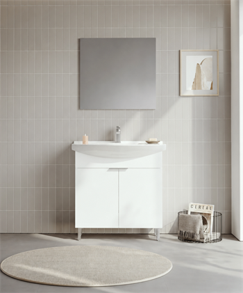 Orka Purus 80 cm ,Parlak Beyaz, Banyo Dolabı Takımı (Ayaklı,Düz Ayna), 5008473
