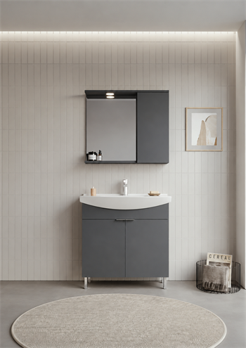 Orka Purus 80 cm ,Mat Antrasit, Banyo Dolabı Takımı (Ayaklı,Spotlu Ayna), 5008441