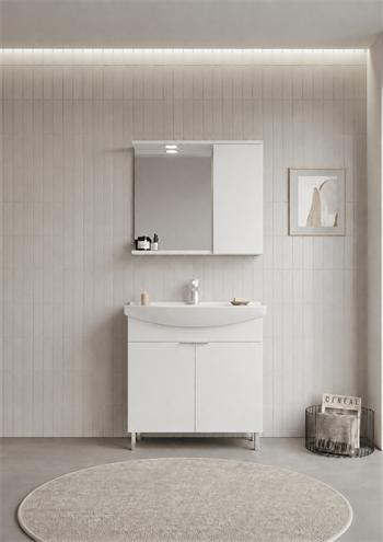 Orka Purus 80 cm ,Parlak Beyaz, Banyo Dolabı Takımı (Ayaklı,Spotlu Ayna), 5007964