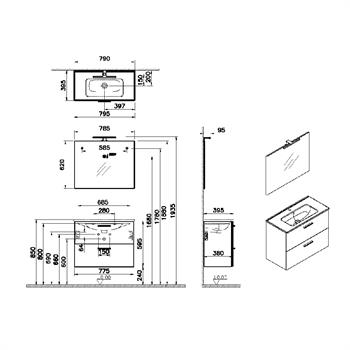 Vitra Mia Demonte Set, 80 Cm, Çekmeceli, (Lavabo Dolabı, Aydınlatmalı Ayna), Cordoba 75101