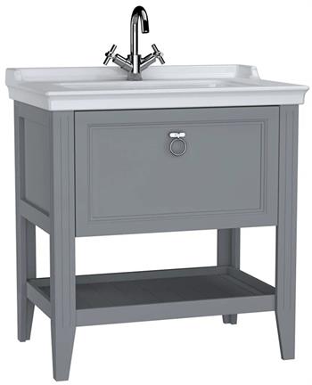 Vitra Valarte Tek Çekmeceli Etajerli Lavabo Dolabı, 80 cm, Mat Gri (Lavabo Dahil-Krom Kulplu), 62181 