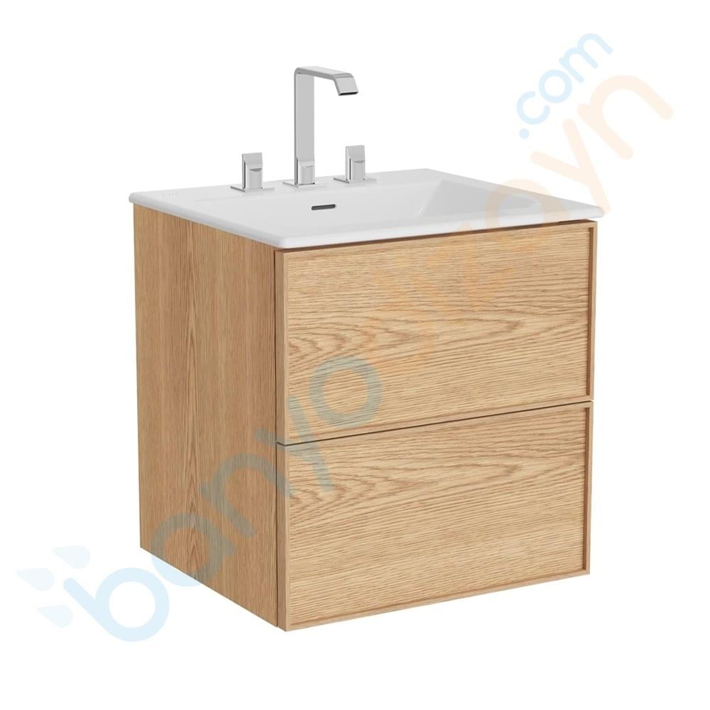 Vitra Metropole Edge Lavabo Dolabı, Çift Çekmeceli, Etajerli 3 Armatür Delikli Lavabolu, 60 Cm, Açık Meşe 67448