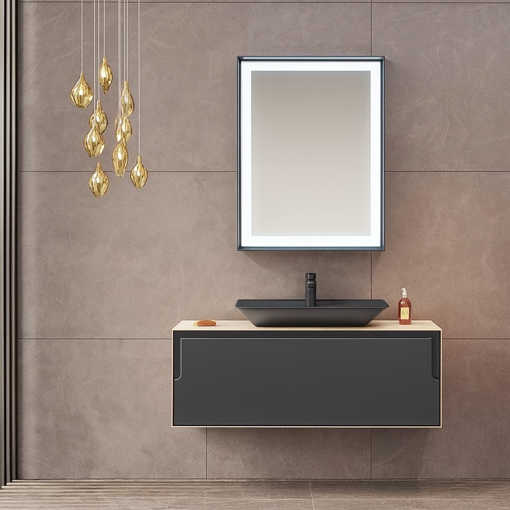 Orka Craft 100 cm Meşe Banyo Dolabı Takımı (Ledli Ayna-Mat Antrasit Lavabo)