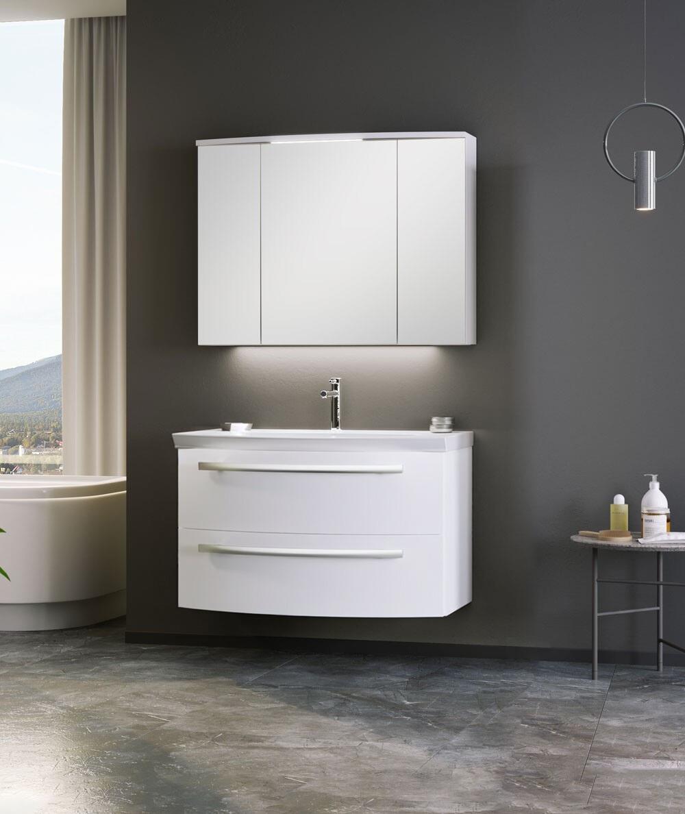 Orka Urla 90 cm Parlak Beyaz Banyo Dolabı Takımı (Ledli-Dolaplı Ayna)