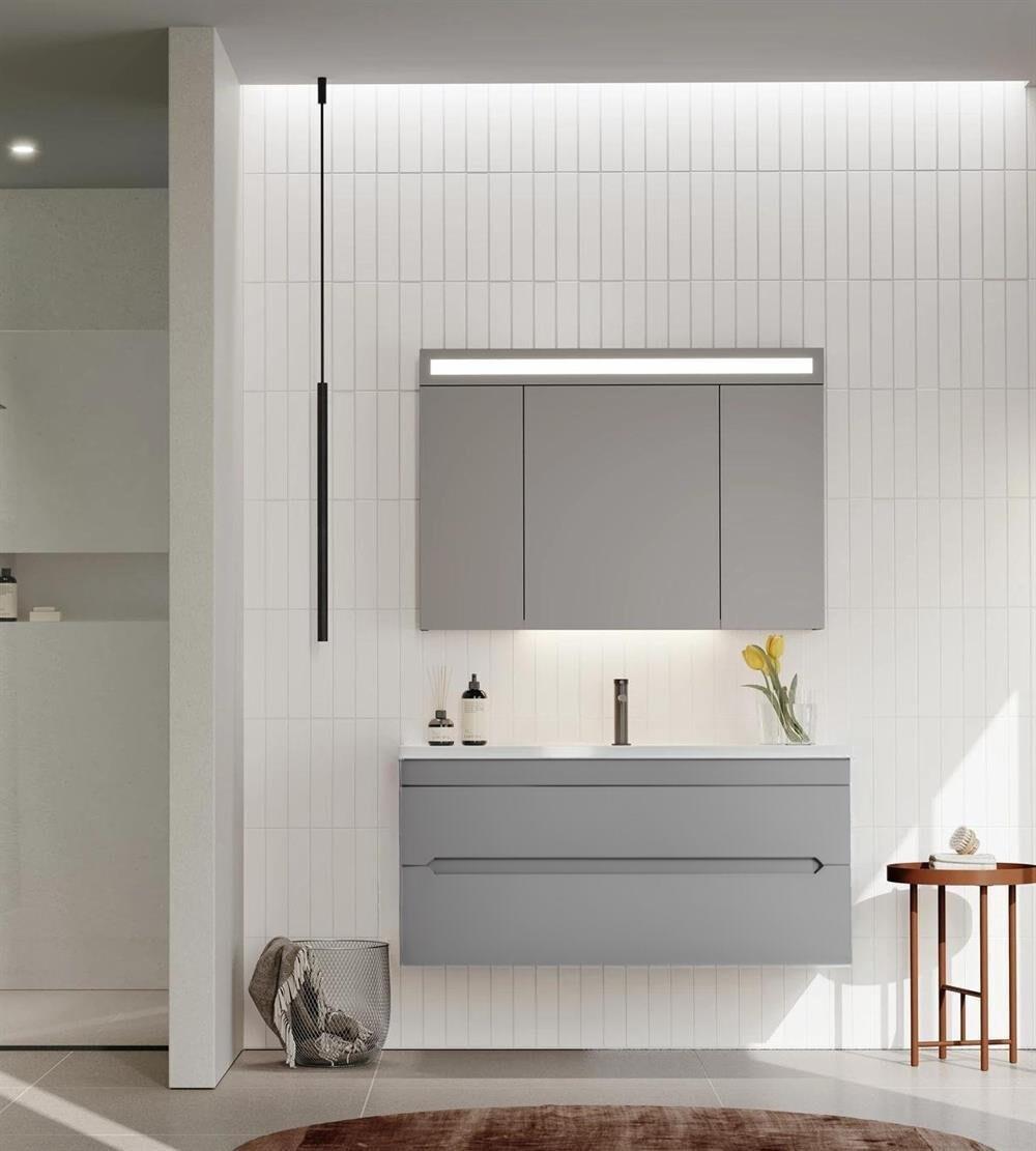 Orka Varna 100 cm Mat Gri Banyo Dolabı Takımı (Ledli-Dolaplı Ayna)