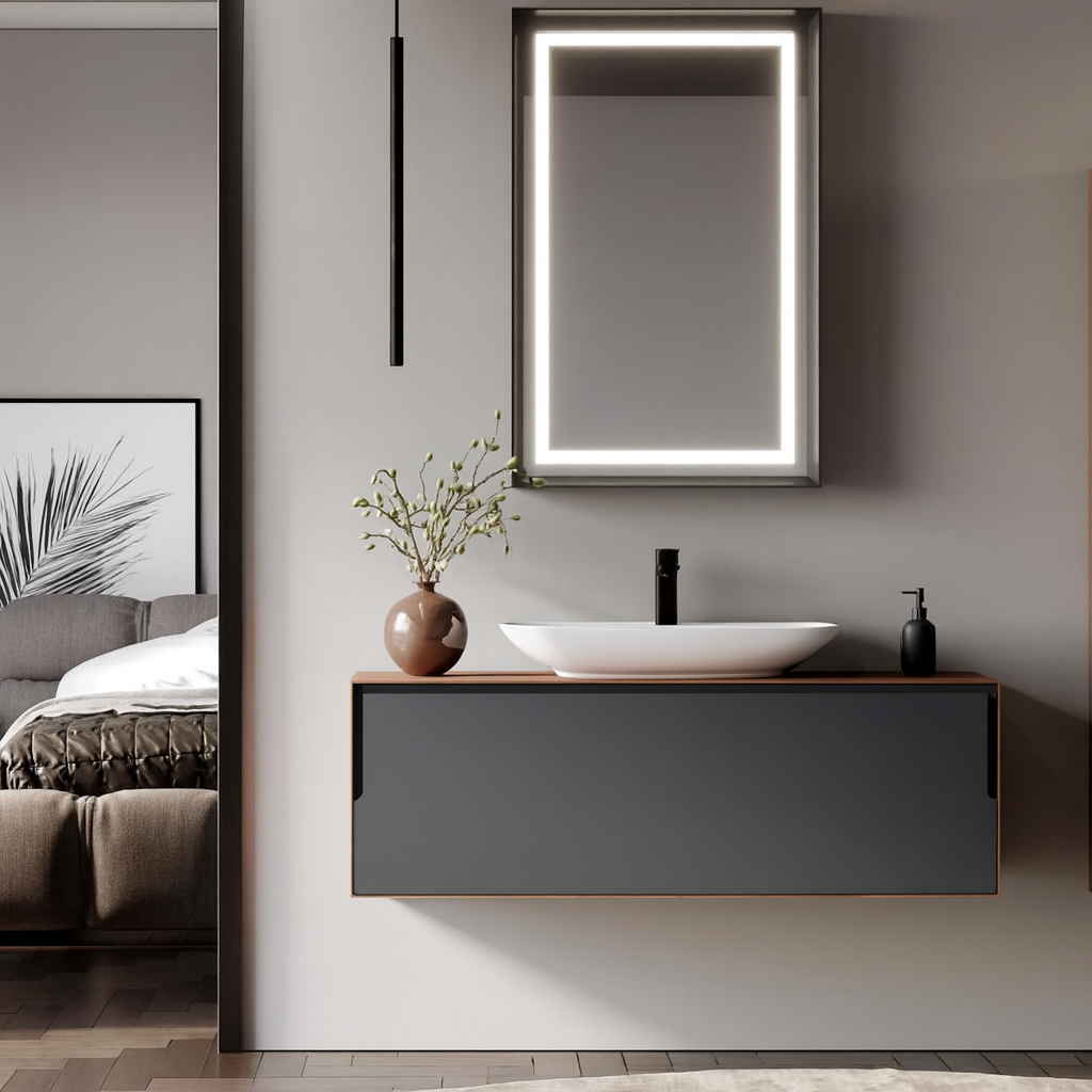 Orka Craft 120 cm Ceviz Antrasit Banyo Dolabı Takımı (Ledli Ayna-Mat Beyaz Lavabo)