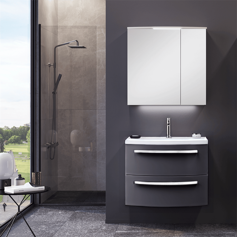 Orka Urla 70 cm Parlak Antrasit Banyo Dolabı Takımı (Ledli-Dolaplı Ayna)