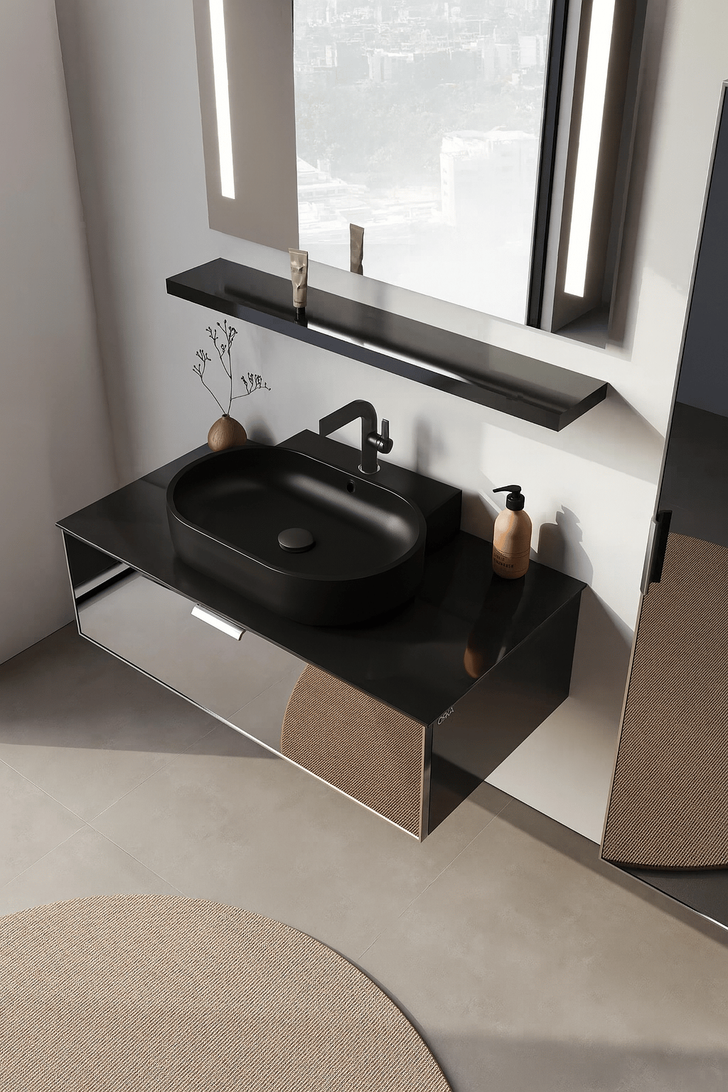 Orka Yalıköy 90 cm, Siyah Lavabo, Banyo Dolabı Alt Modül ve Lavabo