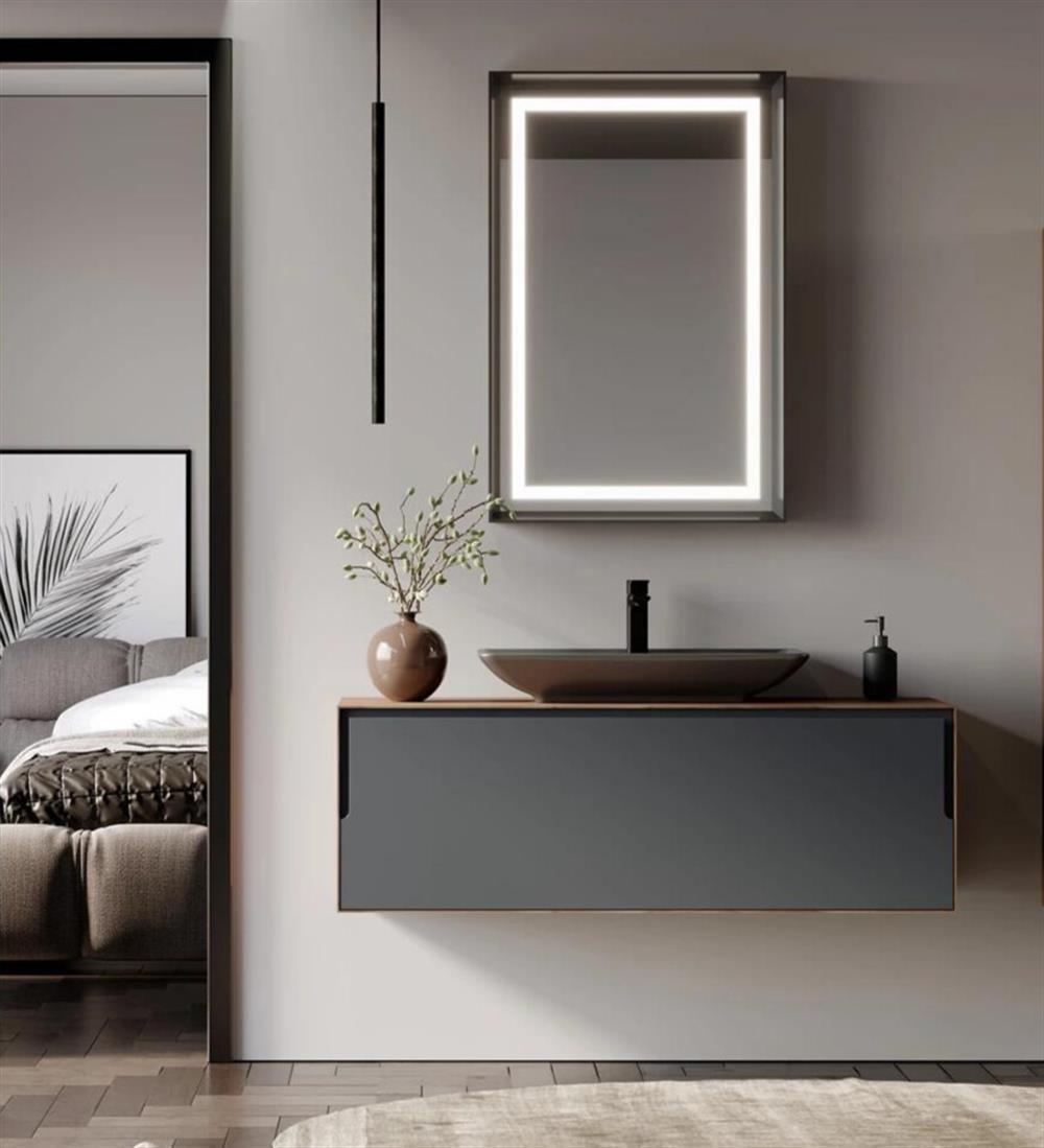 Orka Craft 120 cm Ceviz Antrasit Banyo Dolabı Takımı (Ledli Ayna-Mat Antrasit Lavabo)