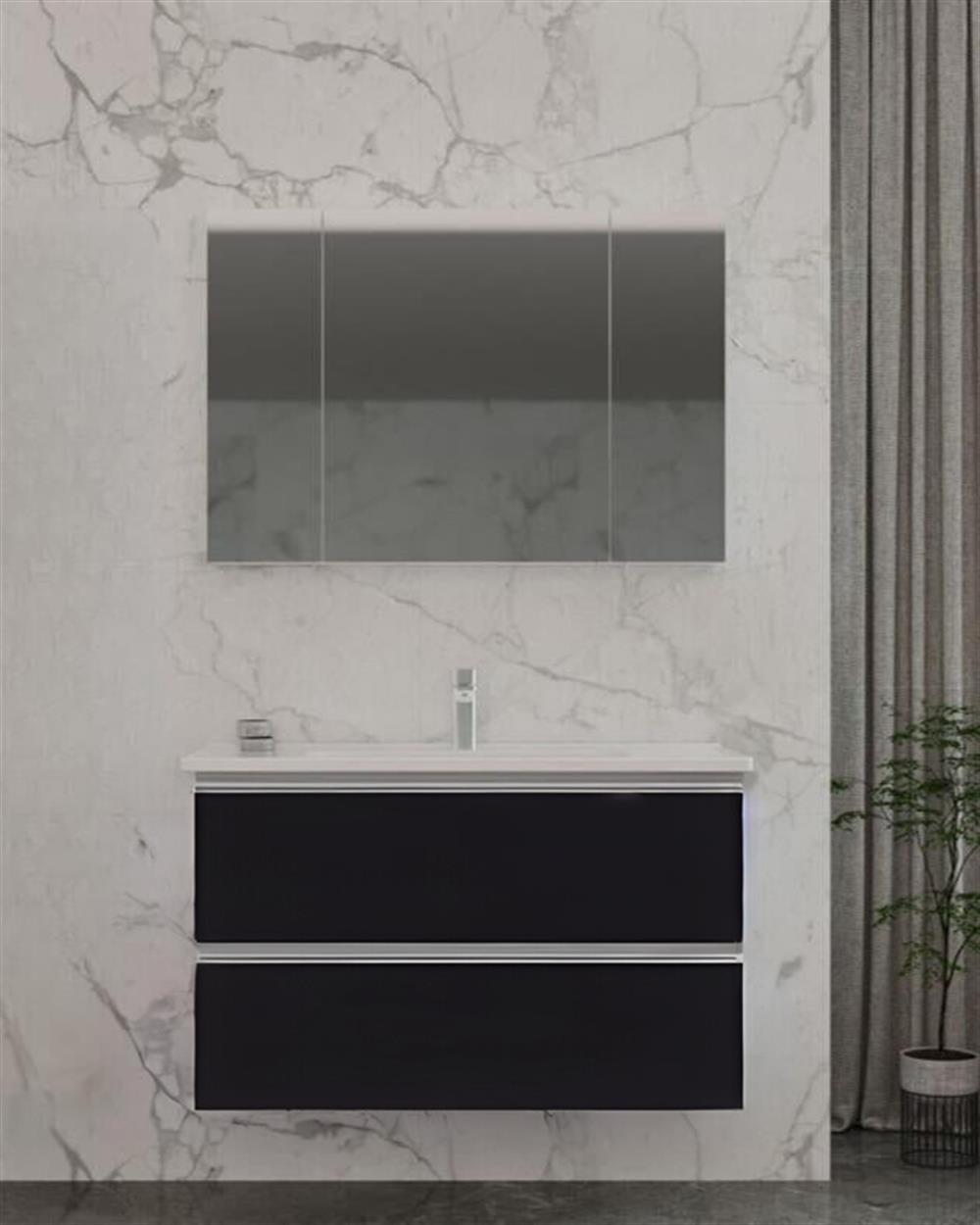 Orka Terme 100 cm Siyah Çekmeceli Banyo Dolabı Takımı