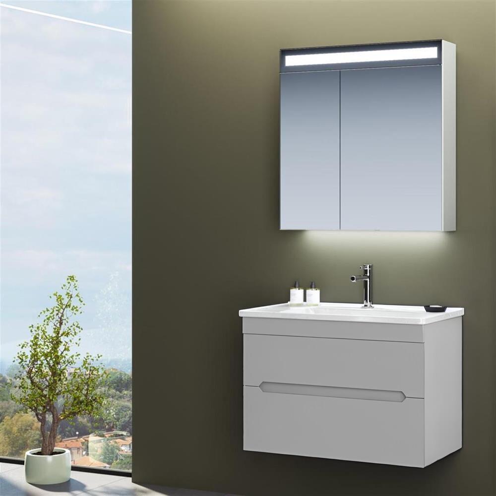 Orka Varna 80 cm Mat Gri Banyo Dolabı Takımı (Ledli-Dolaplı Ayna)