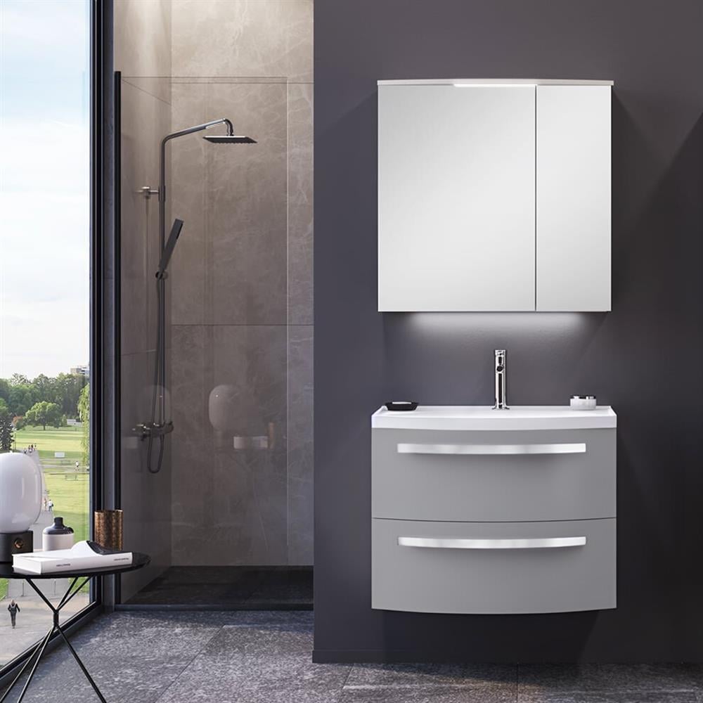 Orka Urla 70 cm Parlak Gri Banyo Dolabı Takımı (Ledli-Dolaplı Ayna)