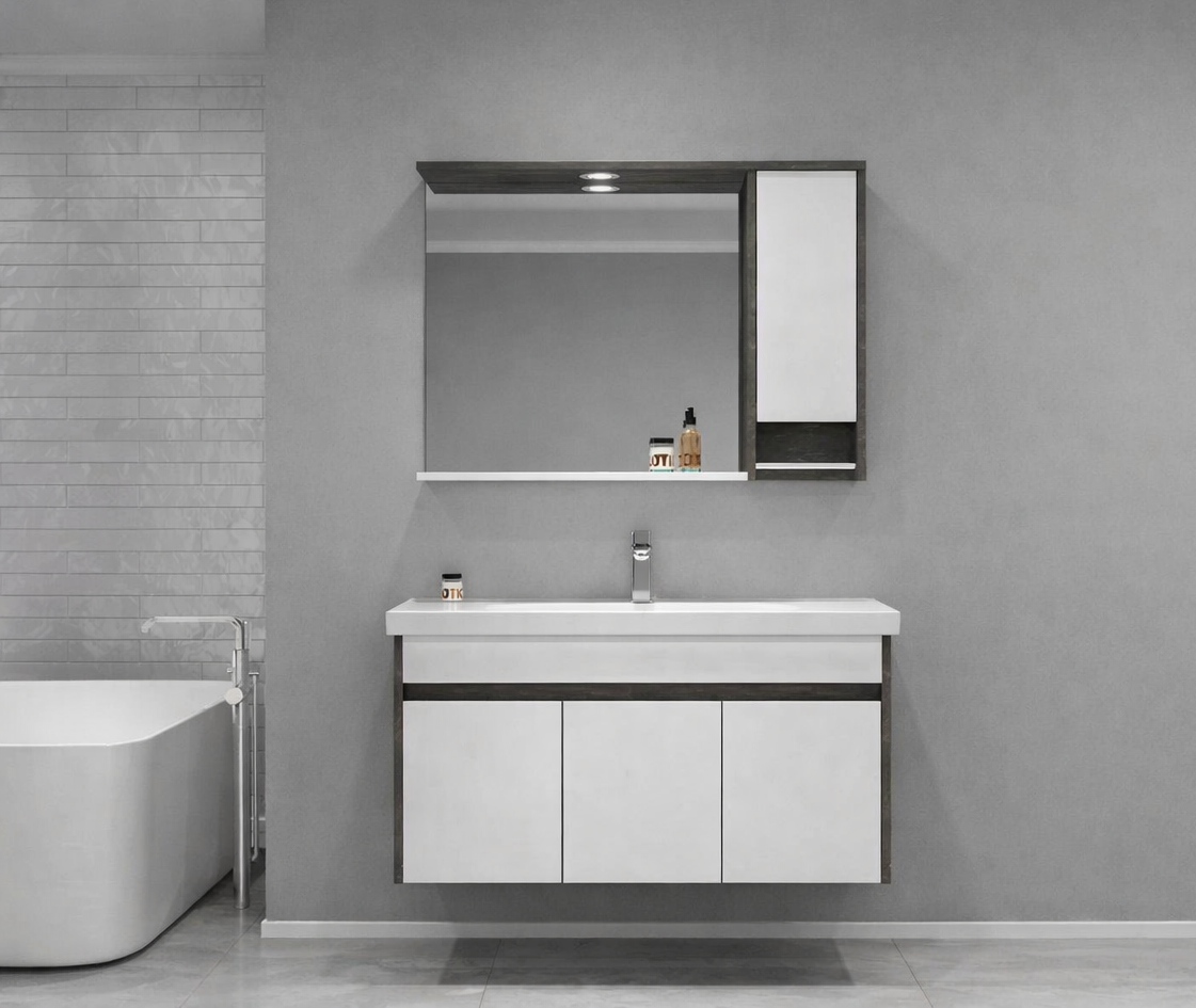 Orka Aydos Banyo Dolabı Takımı, 100 cm, Retro Gümüş/Beyaz (Dolaplı-Led Spotlu Ayna), 5003700ORKA5003700Banyo Dolabı Takımı