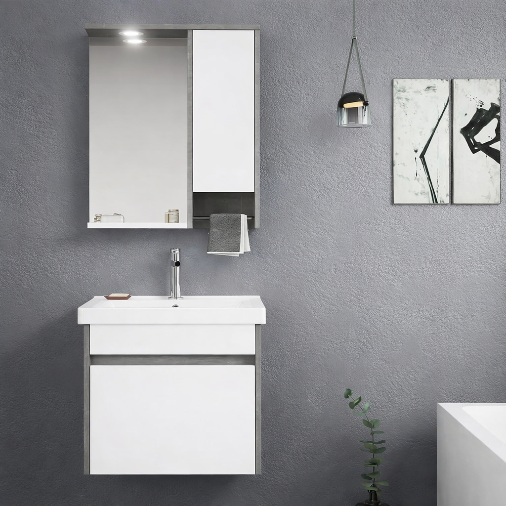 Orka Aydos Banyo Dolabı Takımı, 55 cm, Retro Gümüş/Beyaz (Dolaplı-Led Spotlu Ayna), 5000031ORKA5000031Banyo Dolabı Takımı