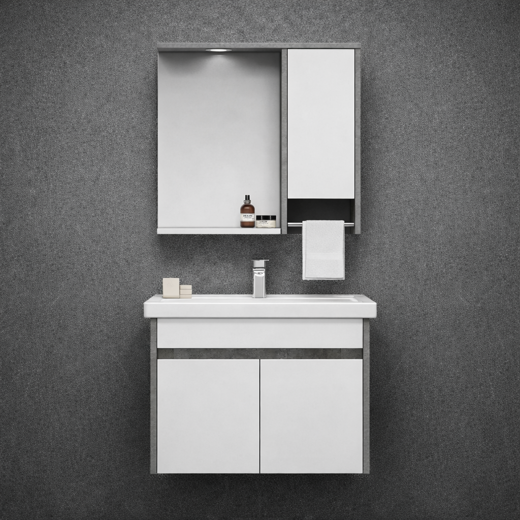 Orka Aydos Banyo Dolabı Takımı, 65 cm, Retro Gümüş/Beyaz (Dolaplı-Led Spotlu Ayna), 5000032ORKA5000032Banyo Dolabı Takımı