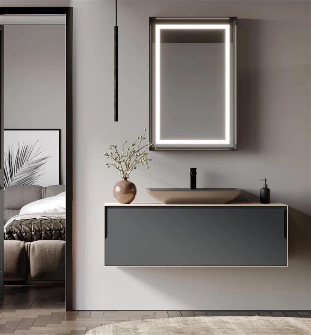Orka Craft 120 cm Meşe Antrasit Banyo Dolabı Takımı (Ledli Ayna-Mat Antrasit Lavabo)ORKA5000146Banyo Dolabı Takımı
